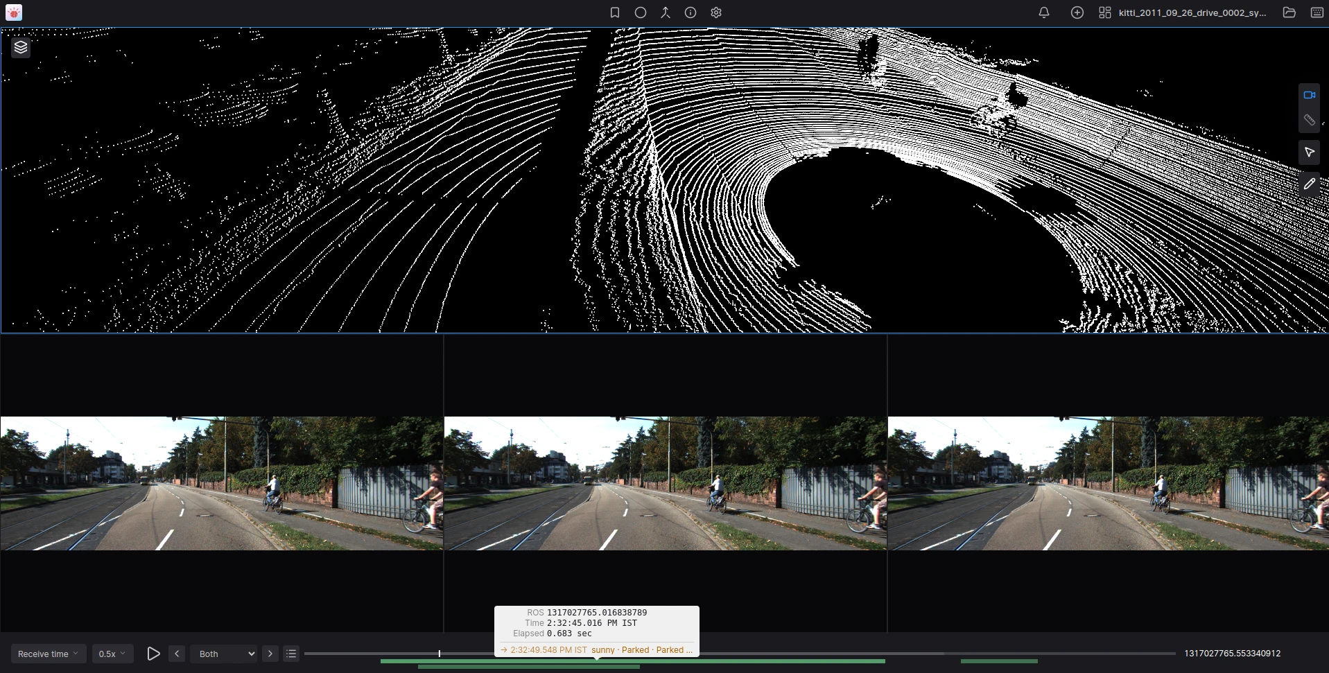 FluxWheel desktop app showing synchronized lidar, camera and IMU playback with curation markers on the timeline